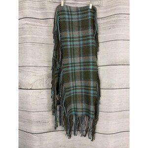 Echo Plaid Fringe Green & Blue Metallic Wool Blend Wrap Shawl Scarf